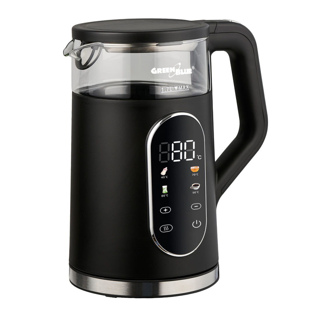 GreenBlue snoerloze waterkoker, inhoud 1,7 l, glazen waterreservoir, duidelijk display, temperatuurkeuze, 2200 W, GB670 B