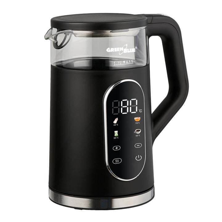 GreenBlue snoerloze waterkoker, inhoud 1,7 l, glazen waterreservoir, duidelijk display, temperatuurkeuze, 2200 W, GB670 B