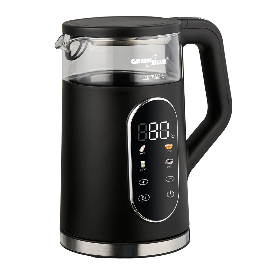 GreenBlue snoerloze waterkoker, inhoud 1,7 l, glazen waterreservoir, duidelijk display, temperatuurkeuze, 2200 W, GB670 B