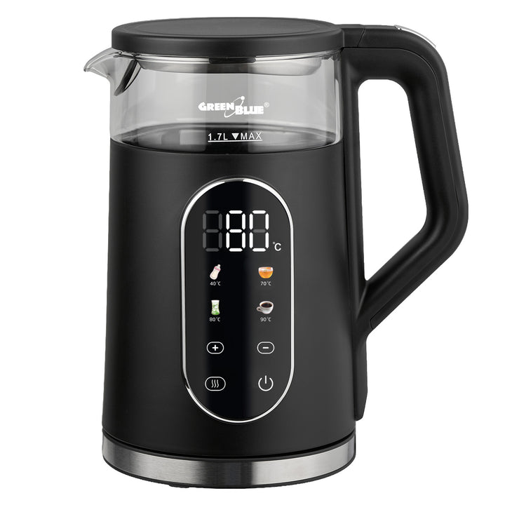 GreenBlue snoerloze waterkoker, inhoud 1,7 l, glazen waterreservoir, duidelijk display, temperatuurkeuze, 2200 W, GB670 B
