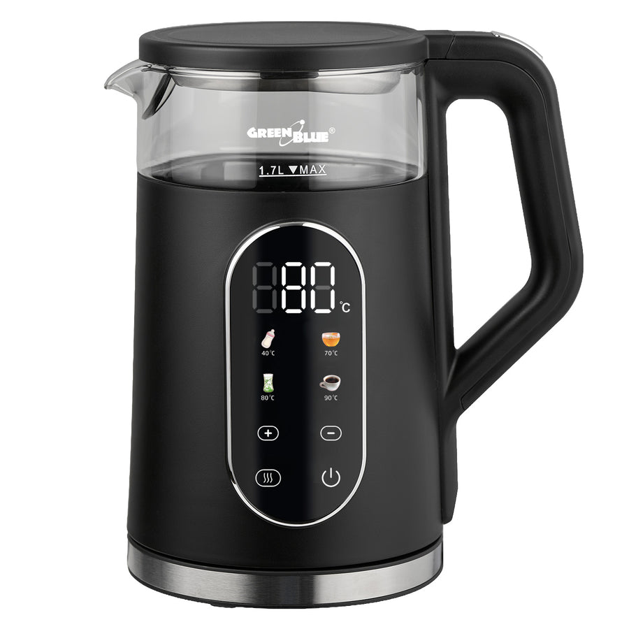 GreenBlue snoerloze waterkoker, inhoud 1,7 l, glazen waterreservoir, duidelijk display, temperatuurkeuze, 2200 W, GB670 B
