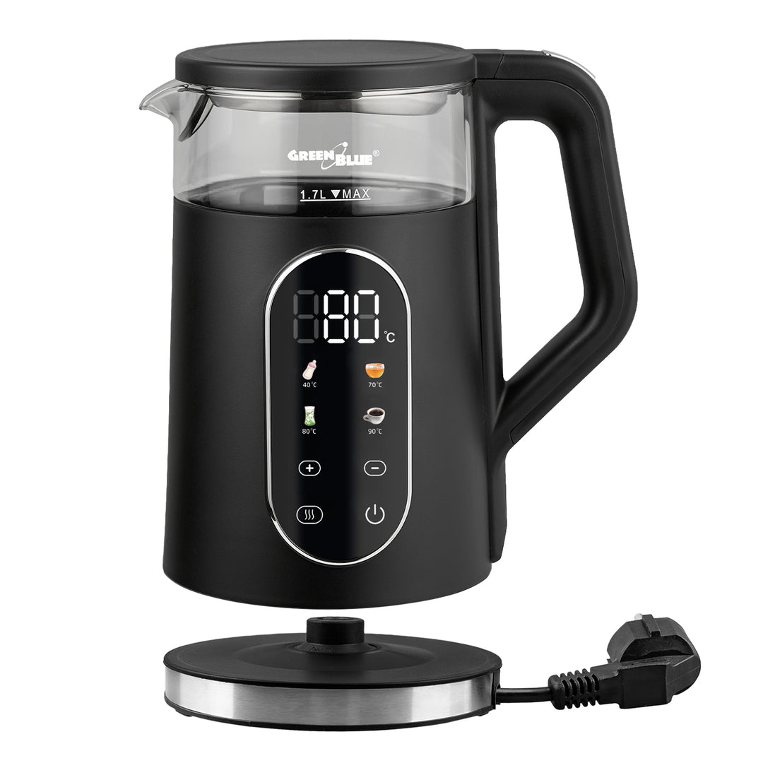 GreenBlue snoerloze waterkoker, inhoud 1,7 l, glazen waterreservoir, duidelijk display, temperatuurkeuze, 2200 W, GB670 B