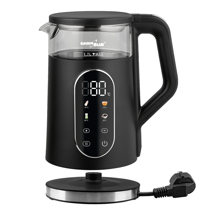 GreenBlue snoerloze waterkoker, inhoud 1,7 l, glazen waterreservoir, duidelijk display, temperatuurkeuze, 2200 W, GB670 B