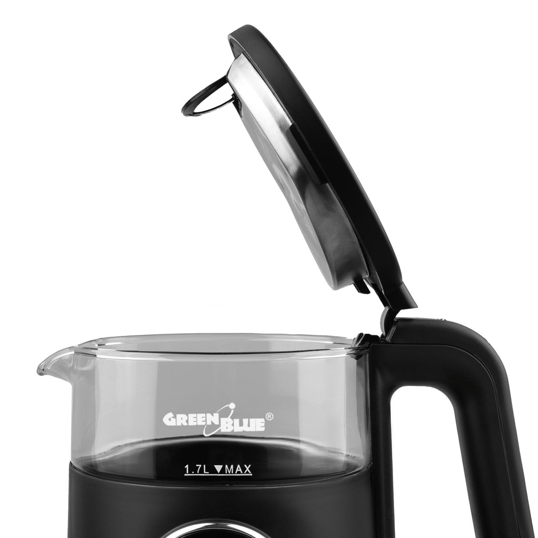 GreenBlue snoerloze waterkoker, inhoud 1,7 l, glazen waterreservoir, duidelijk display, temperatuurkeuze, 2200 W, GB670 B