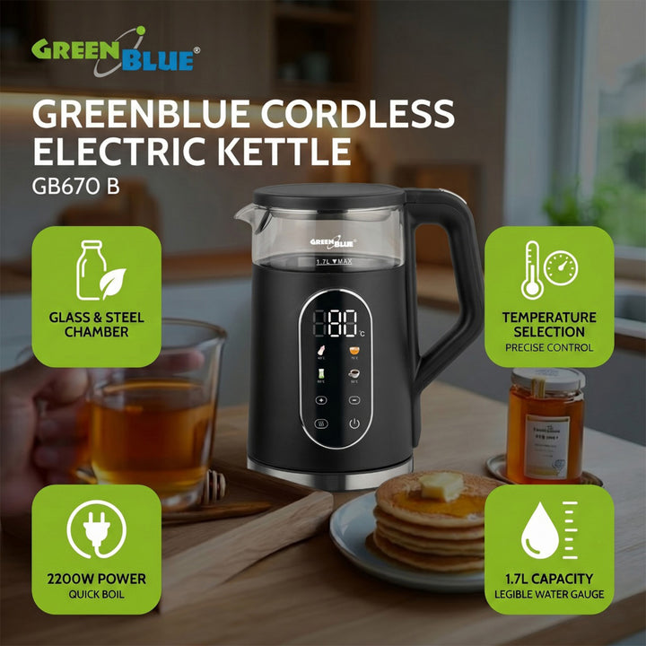 GreenBlue snoerloze waterkoker, inhoud 1,7 l, glazen waterreservoir, duidelijk display, temperatuurkeuze, 2200 W, GB670 B