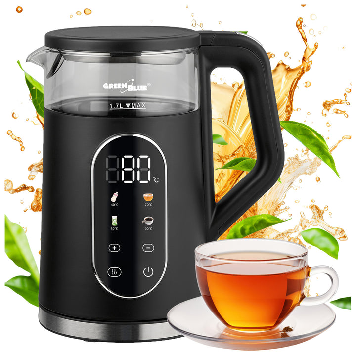GreenBlue snoerloze waterkoker, inhoud 1,7 l, glazen waterreservoir, duidelijk display, temperatuurkeuze, 2200 W, GB670 B