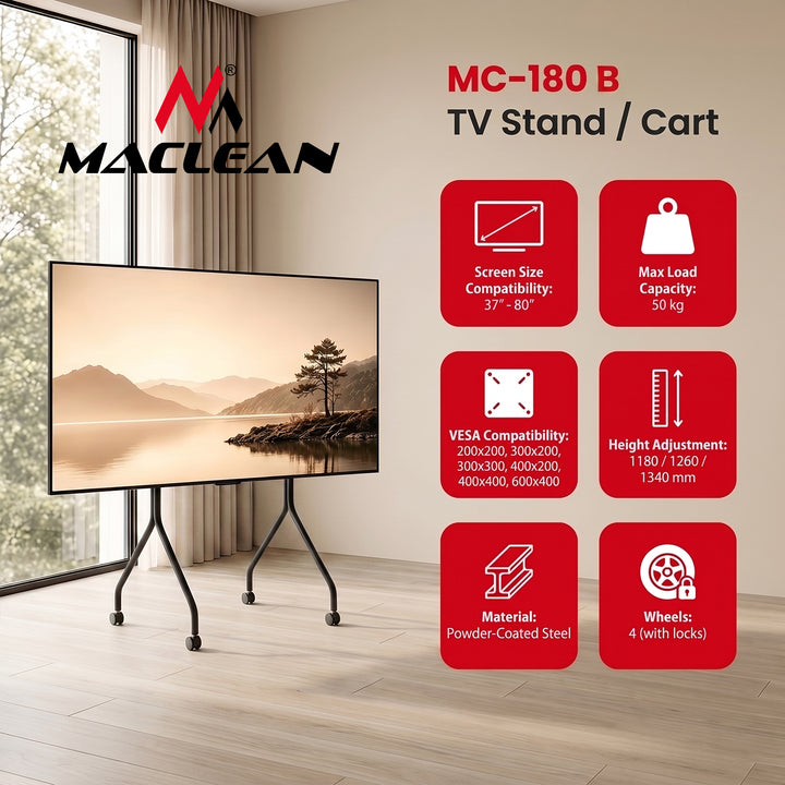 Maclean tv-standaard/tv-karretje, op wieltjes, 37-80", max. draagvermogen 50 kg, max. VESA 600x400, zwart, MC-180 B