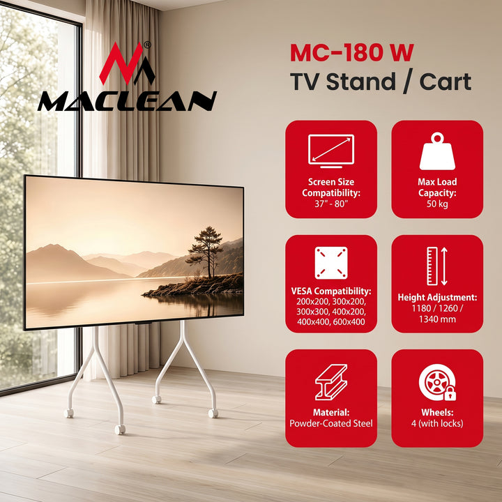 Maclean tv-standaard/tv-karretje, op wieltjes, 37-80", max. draagvermogen 50 kg, max. VESA 600x400, wit, MC-180 W