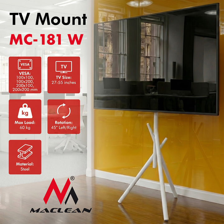 Maclean tv-beugel / vloerstandaard, 27-55", max. VESA 200x200, max. 60 kg, MC-181 W