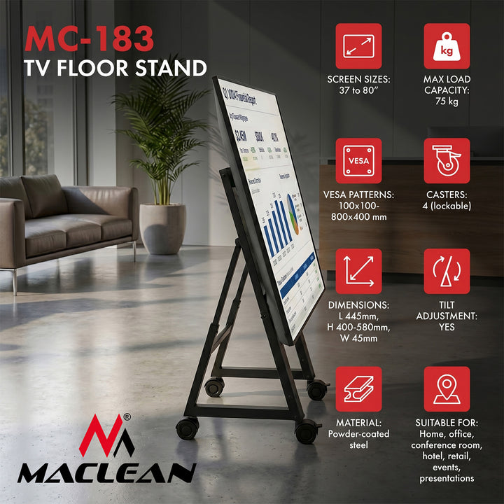 Maclean tv-kar / vloerstandaard, 37-80", max. VESA 800x400, max. 75 kg, verplaatsbaar, wielvergrendeling, MC-183