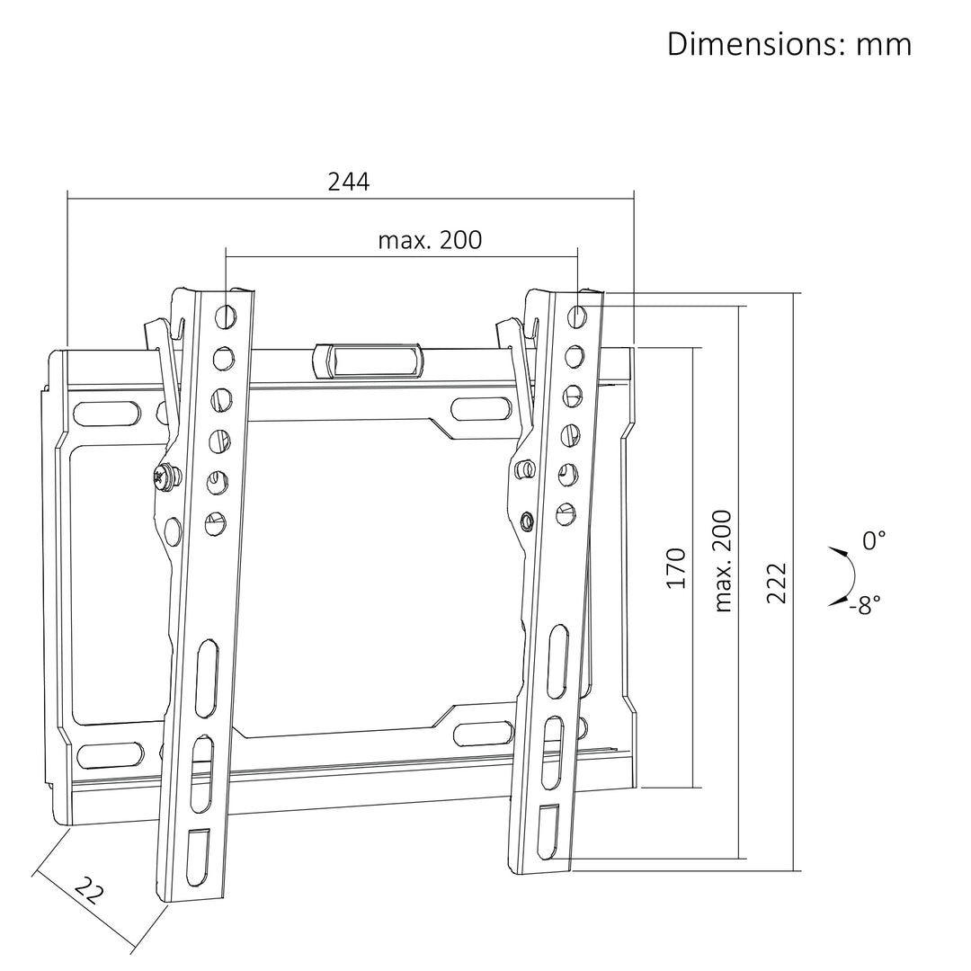 Maclean tv-beugel/hanger, max. VESA 200x200, 13-43", tot 45 kg, zwart, kantelbaar van 0° tot -8°, MC-186