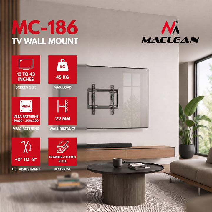 Maclean tv-beugel/hanger, max. VESA 200x200, 13-43", tot 45 kg, zwart, kantelbaar van 0° tot -8°, MC-186