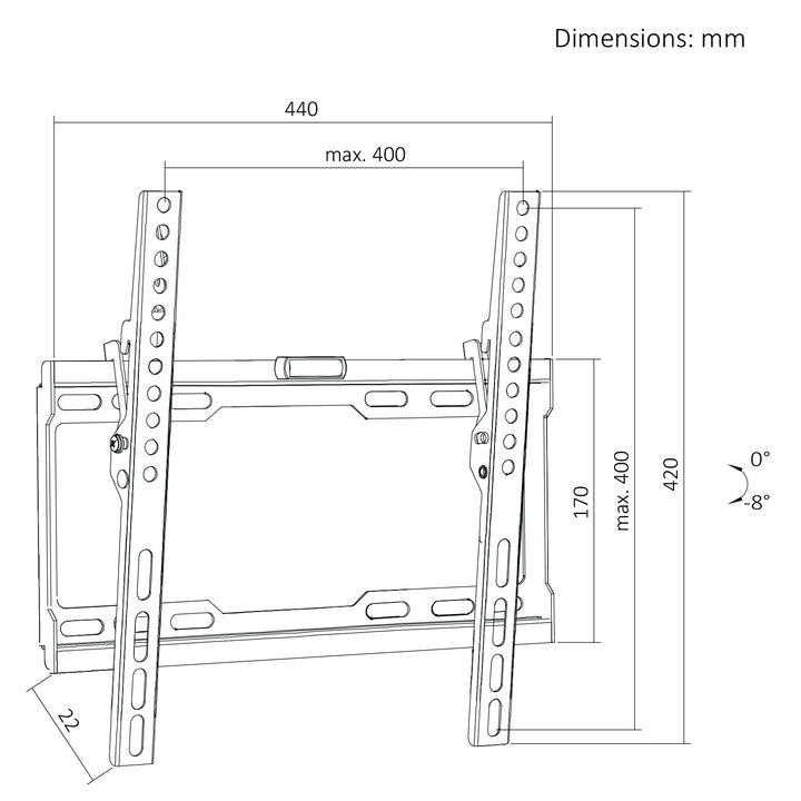 Maclean tv-beugel/hanger, max. VESA 400x400, 32-75", tot 45 kg, zwart, kantelbaar van 0° tot -8°, MC-187