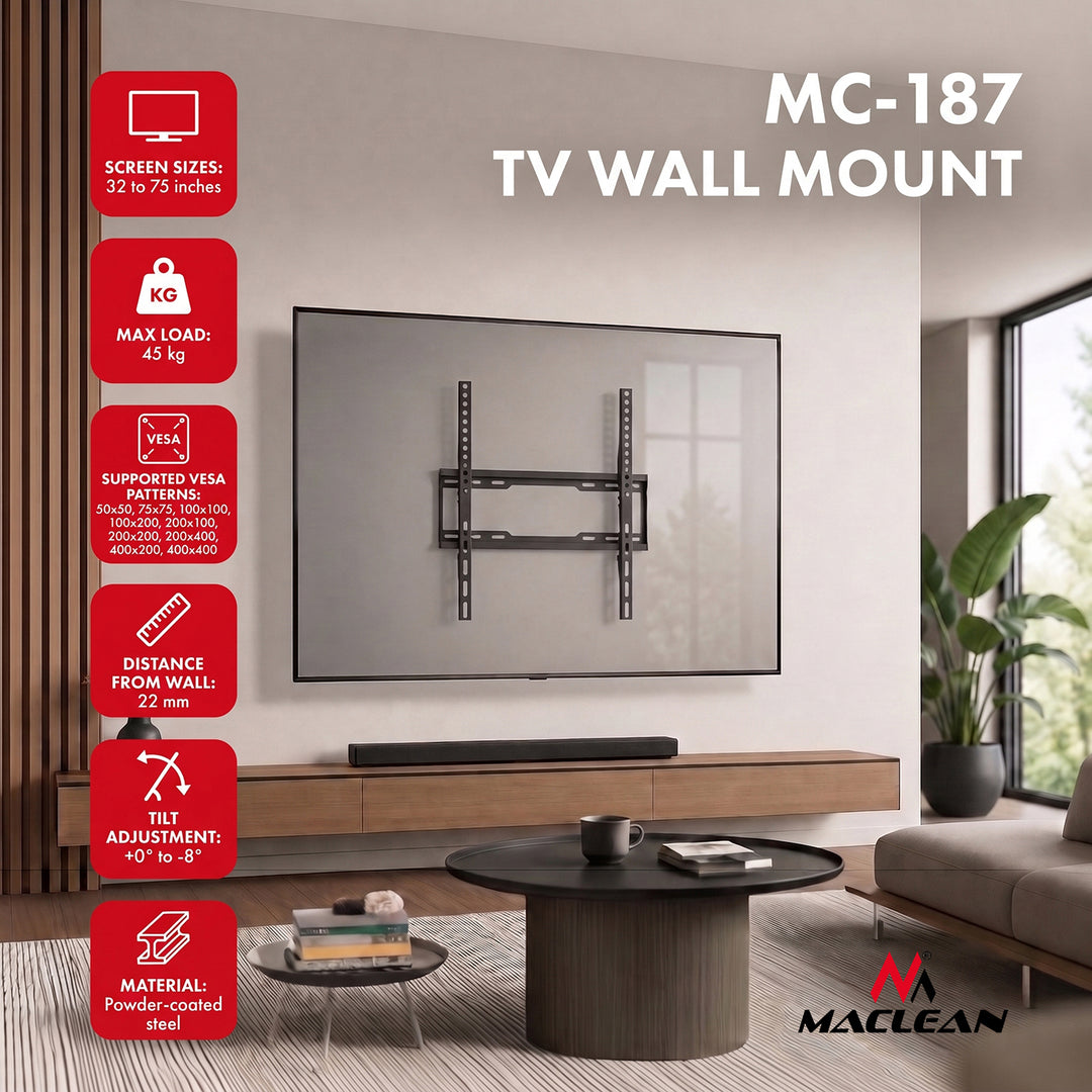 Maclean tv-beugel/hanger, max. VESA 400x400, 32-75", tot 45 kg, zwart, kantelbaar van 0° tot -8°, MC-187