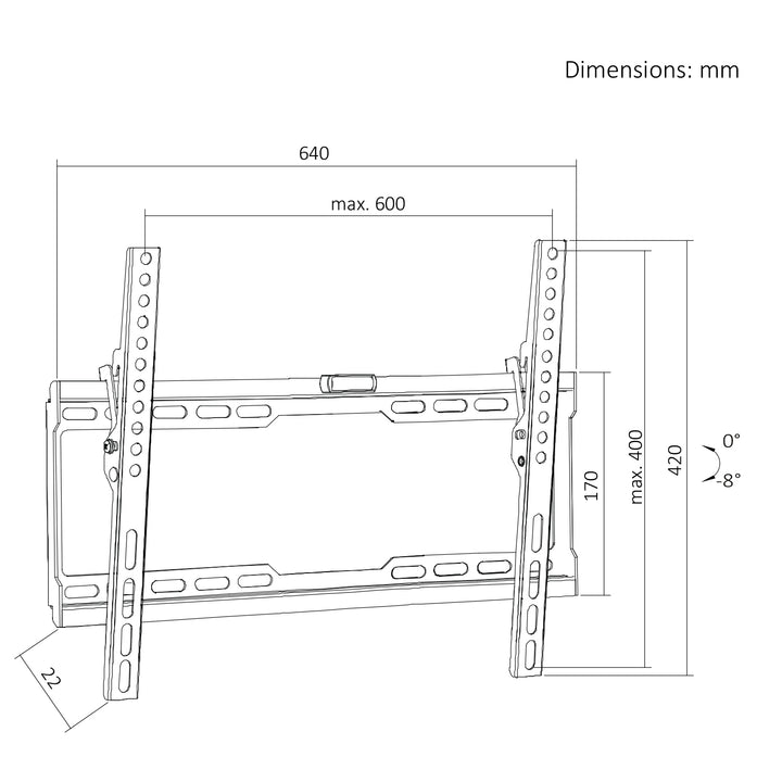 Maclean tv-beugel/hanger, max. VESA 600x400, 37-86", tot 45 kg, zwart, kantelbaar van 0° tot -8°, MC-188