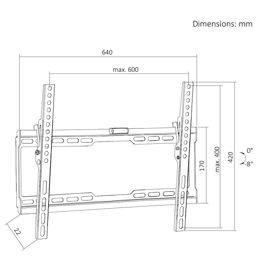 Maclean tv-beugel/hanger, max. VESA 600x400, 37-86", tot 45 kg, zwart, kantelbaar van 0° tot -8°, MC-188