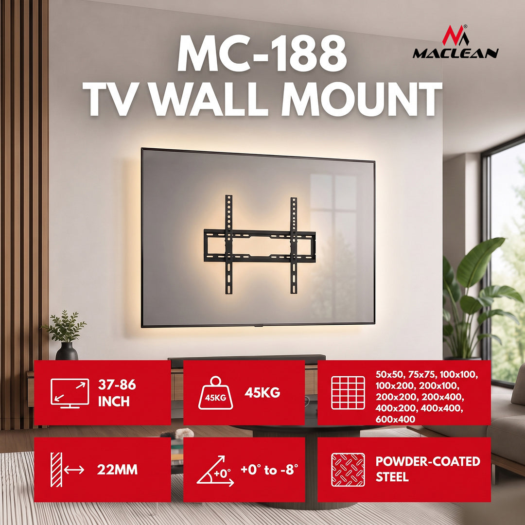 Maclean tv-beugel/hanger, max. VESA 600x400, 37-86", tot 45 kg, zwart, kantelbaar van 0° tot -8°, MC-188