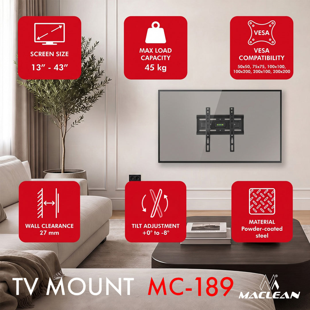 Maclean tv-beugel/hanger, max. VESA 200x200, 13-43", tot 45 kg, zwart, kantelbaar +2°~-10°, MC-189