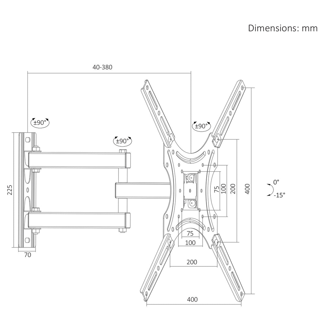 Maclean tv-beugel/hanger, max. VESA 400x400, 32-55", tot 25 kg, zwart, kantelbaar van 0° tot -15° en draaibaar van +90° tot -90°, MC-190