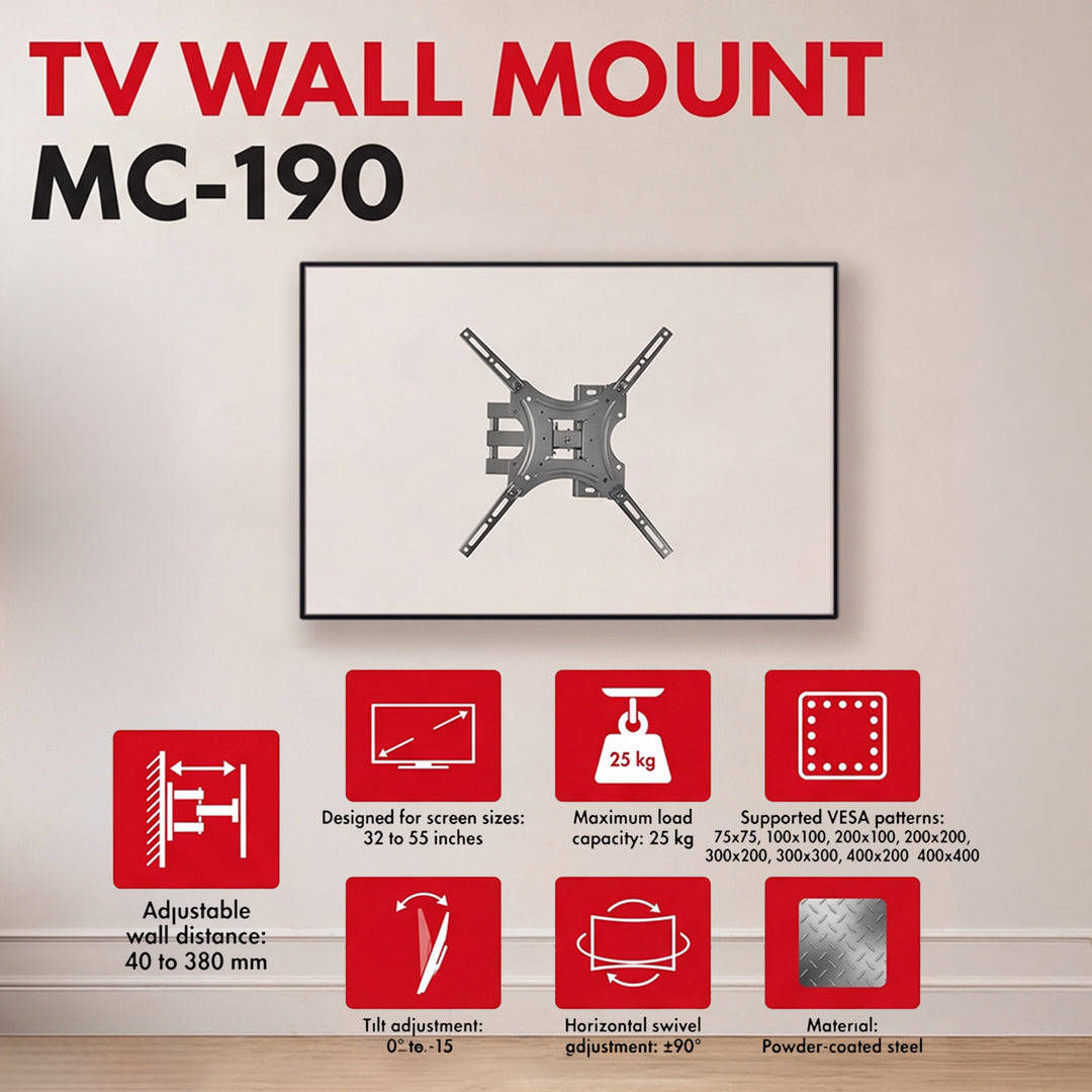 Maclean tv-beugel/hanger, max. VESA 400x400, 32-55", tot 25 kg, zwart, kantelbaar van 0° tot -15° en draaibaar van +90° tot -90°, MC-190
