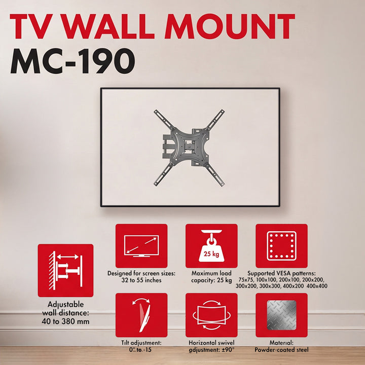 Maclean tv-beugel/hanger, max. VESA 400x400, 32-55", tot 25 kg, zwart, kantelbaar van 0° tot -15° en draaibaar van +90° tot -90°, MC-190