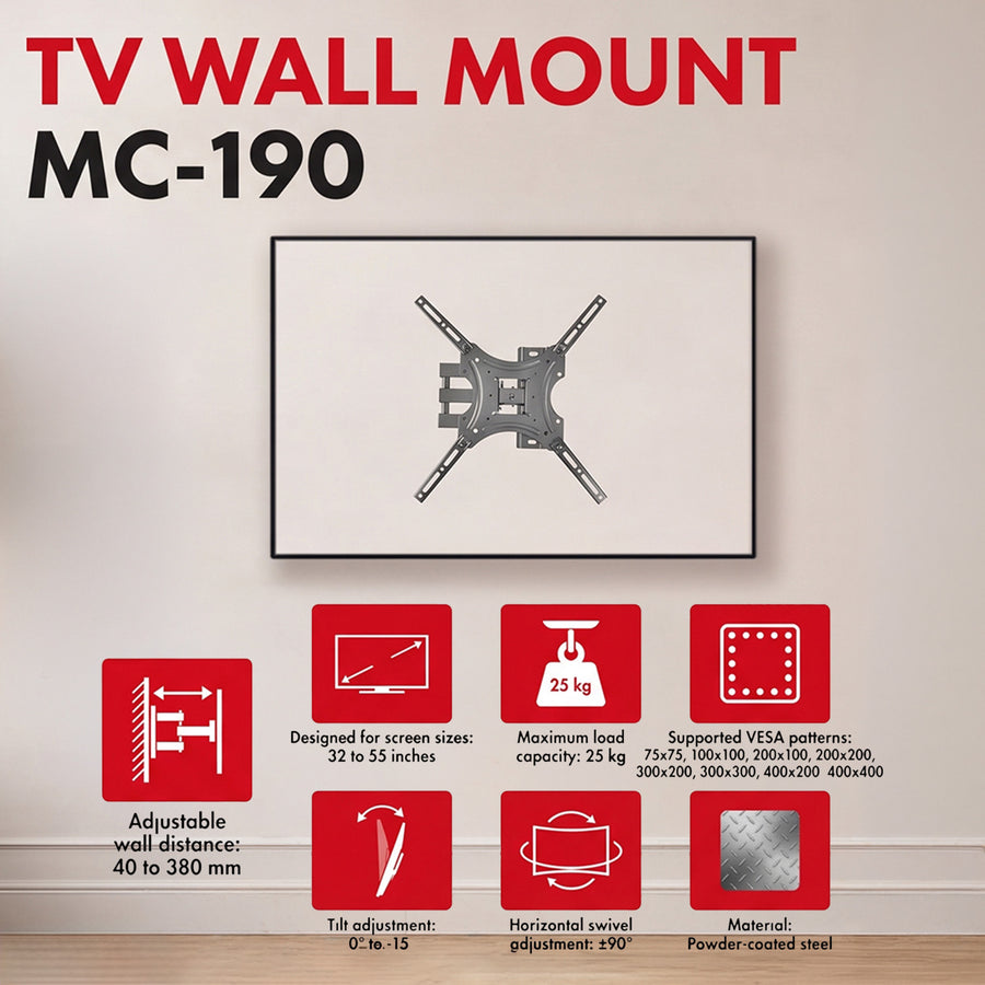 Maclean tv-beugel/hanger, max. VESA 400x400, 32-55", tot 25 kg, zwart, kantelbaar van 0° tot -15° en draaibaar van +90° tot -90°, MC-190