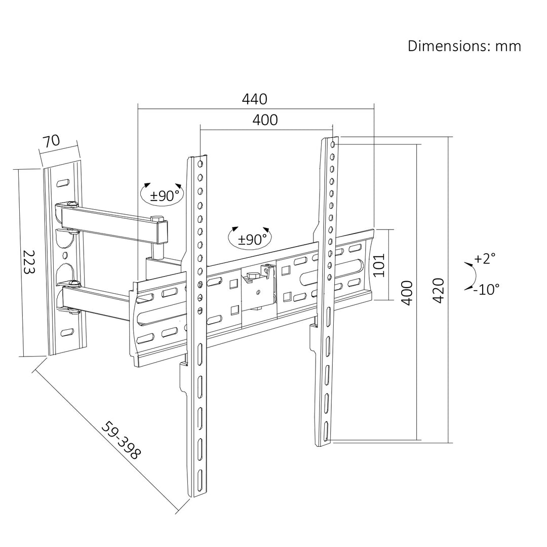 Maclean tv-beugel/hanger, max. VESA 400x400, 32-55", tot 30 kg, zwart, kantelbaar +2°~-10° en draaibaar +90°~-90°, MC-191