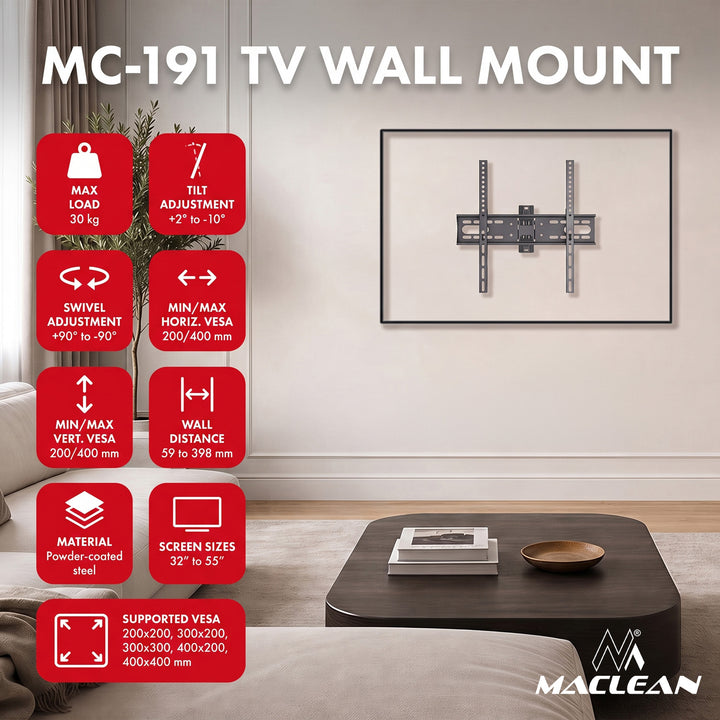 Maclean tv-beugel/hanger, max. VESA 400x400, 32-55", tot 30 kg, zwart, kantelbaar +2°~-10° en draaibaar +90°~-90°, MC-191