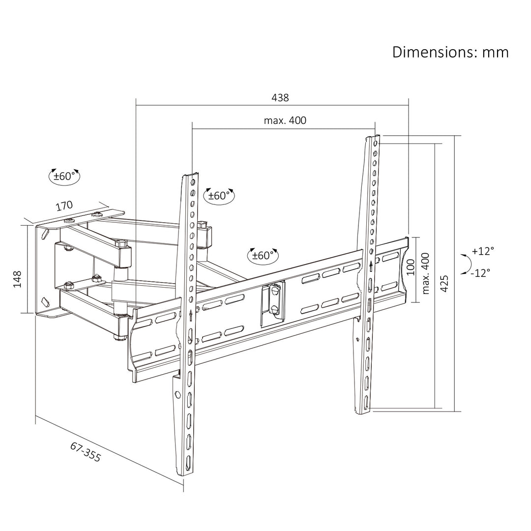 Maclean tv-beugel/hanger, max. VESA 400x400, 32-70", tot 40 kg, zwart, kantelbaar +12°~-12° en draaibaar +60°~-60°, MC-192