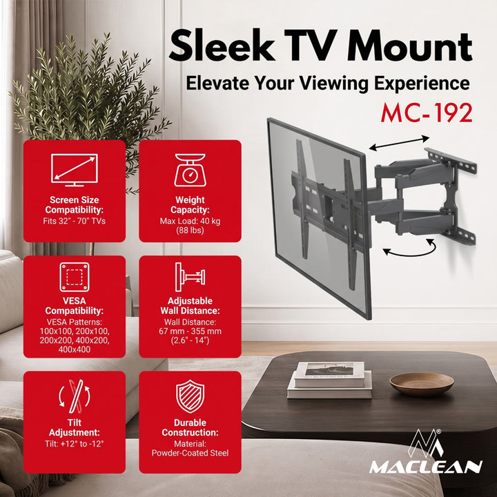 Maclean tv-beugel/hanger, max. VESA 400x400, 32-70", tot 40 kg, zwart, kantelbaar +12°~-12° en draaibaar +60°~-60°, MC-192