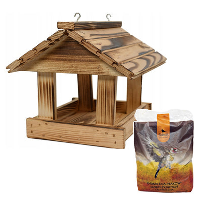 Woodok vogelvoederhuisje, vurenhout, gebakken, sterke haken + vogelzaad 1kg