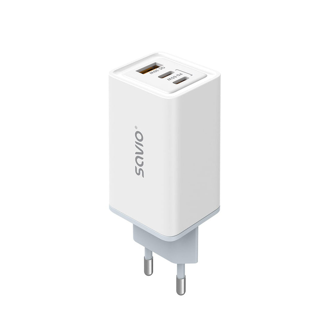 Savio netvoeding oplader, 1x USB-A, 2x USB-C, GaN, 65W, wit, SAVLA-07