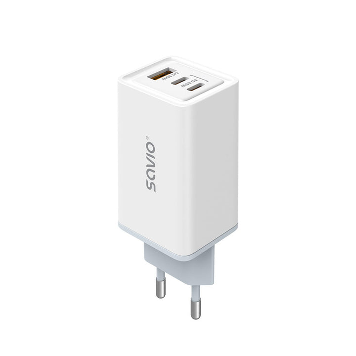 Savio netvoeding oplader, 1x USB-A, 2x USB-C, GaN, 65W, wit, SAVLA-07
