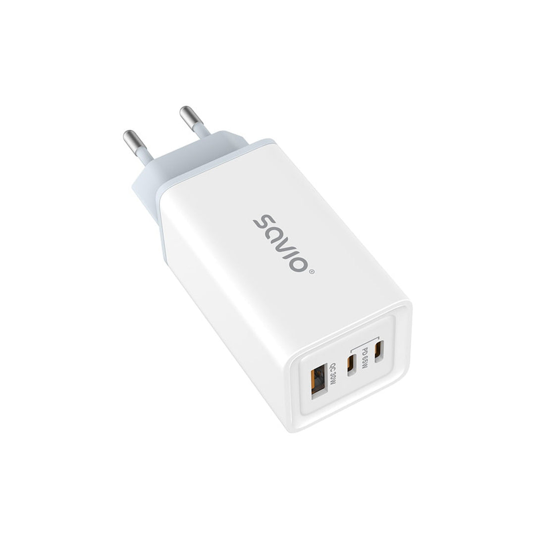 Savio netvoeding oplader, 1x USB-A, 2x USB-C, GaN, 65W, wit, SAVLA-07