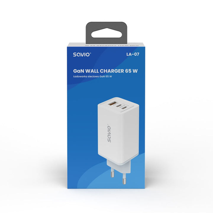 Savio netvoeding oplader, 1x USB-A, 2x USB-C, GaN, 65W, wit, SAVLA-07