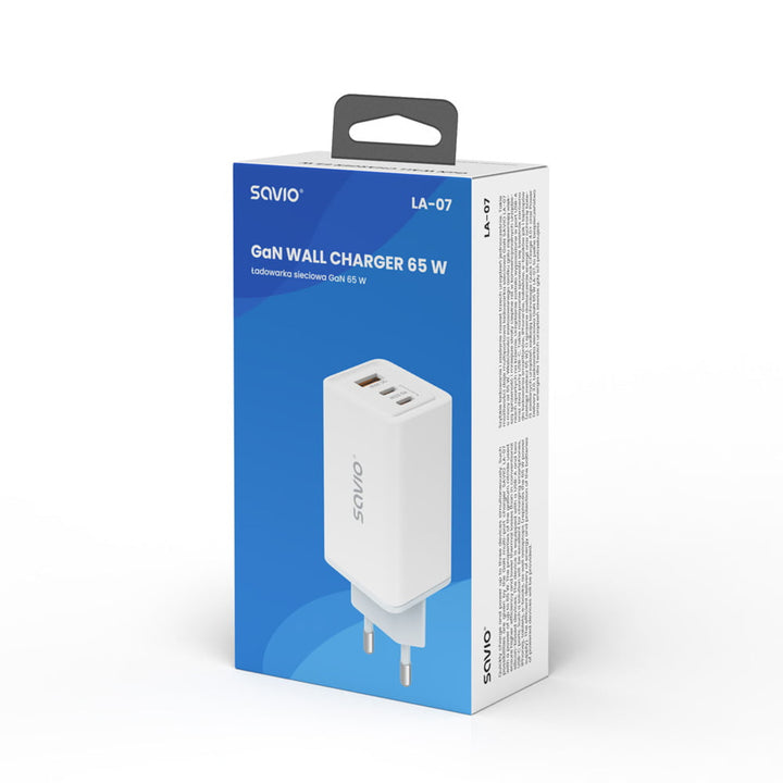 Savio netvoeding oplader, 1x USB-A, 2x USB-C, GaN, 65W, wit, SAVLA-07