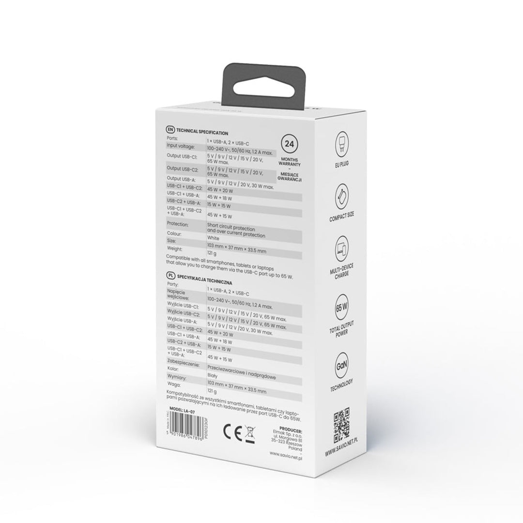 Savio netvoeding oplader, 1x USB-A, 2x USB-C, GaN, 65W, wit, SAVLA-07