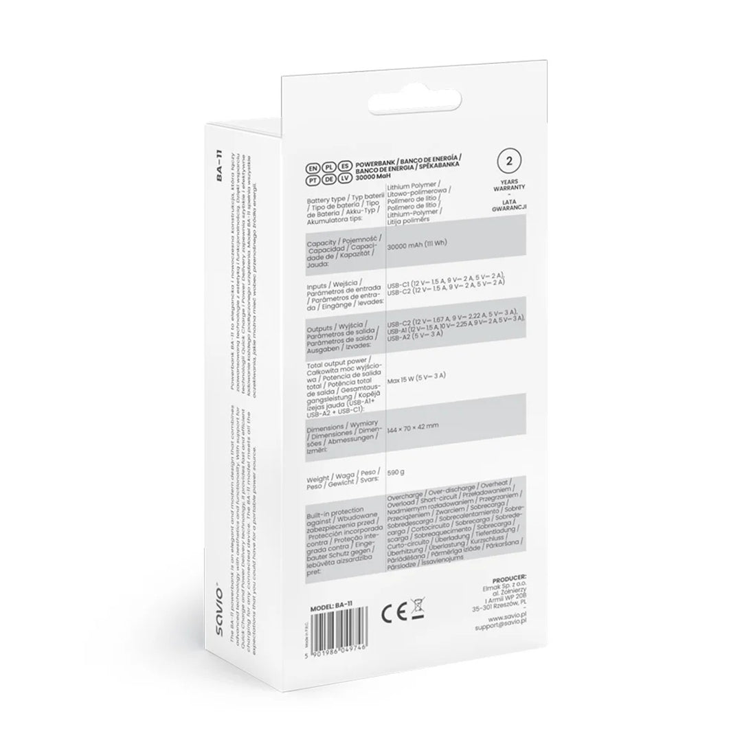 Powerbank SAVIO, 2 poorten USB, 1 poort USB-C, Quick Charge, Power Delivery, SAVBA-11