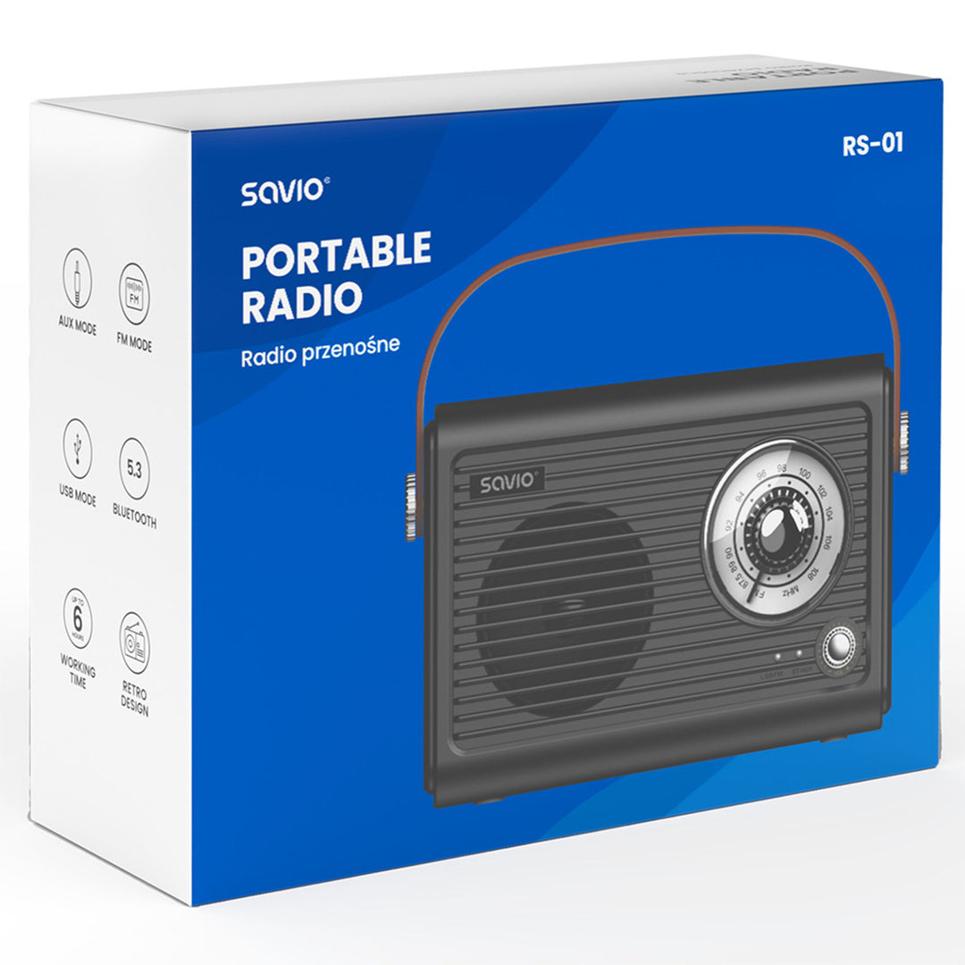 Savio draagbare FM-radio op batterijen, Bluetooth, AUX, SAVRS-01