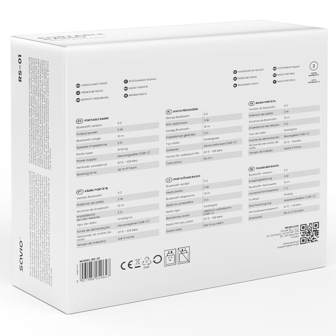 Savio draagbare FM-radio op batterijen, Bluetooth, AUX, SAVRS-01