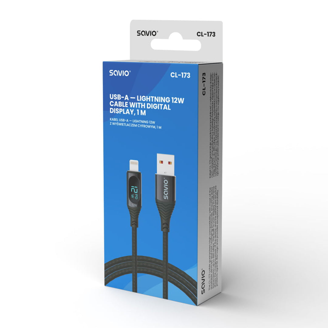 USB naar Lightning Savio-kabel, digitaal display, lengte 1m, SAVKABELCL-173