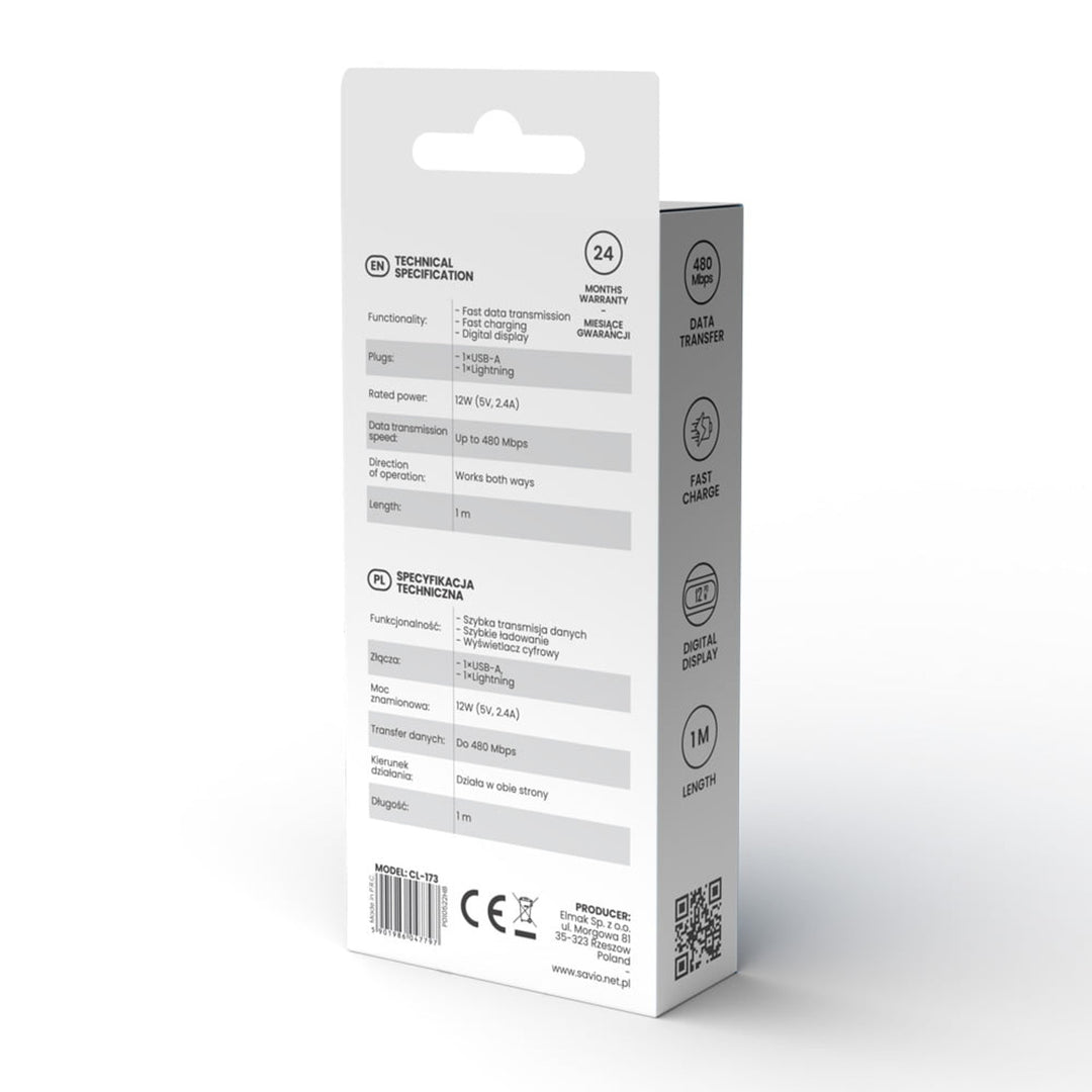 USB naar Lightning Savio-kabel, digitaal display, lengte 1m, SAVKABELCL-173