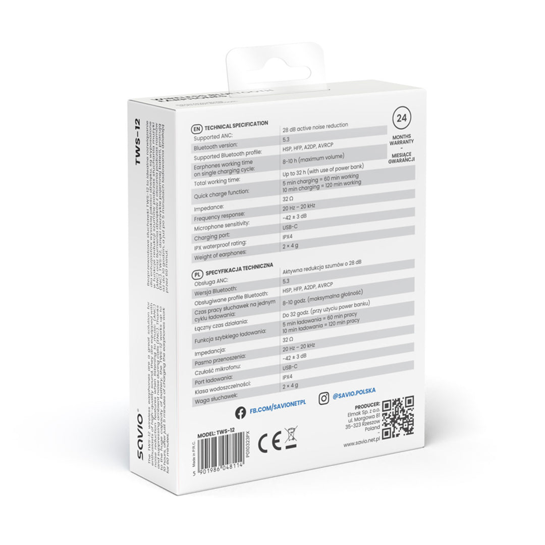 Draadloze hoofdtelefoon Savio, Bluetooth 5.3, ANC, USB-C, zwart