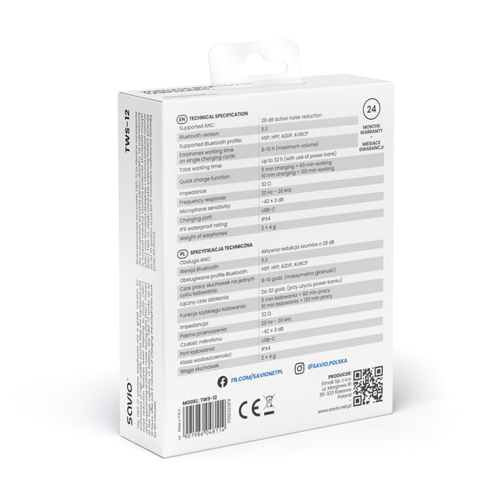 Draadloze hoofdtelefoon Savio, Bluetooth 5.3, ANC, USB-C, zwart