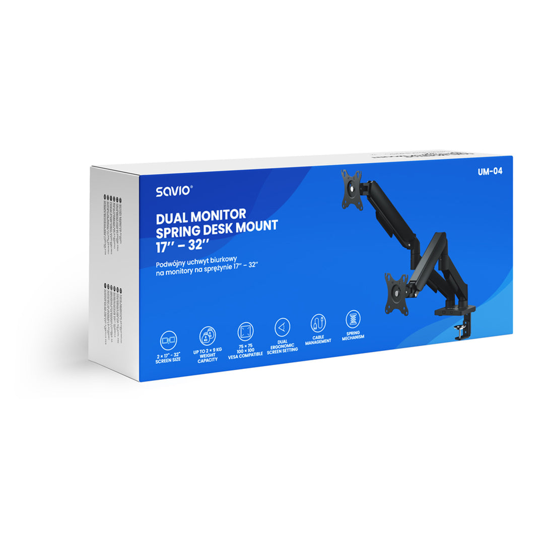 Savio dubbele monitorsteun, 17-32'', 9kg belasting per monitor, VESA, veermechanisme, zwart, SAVUM-04