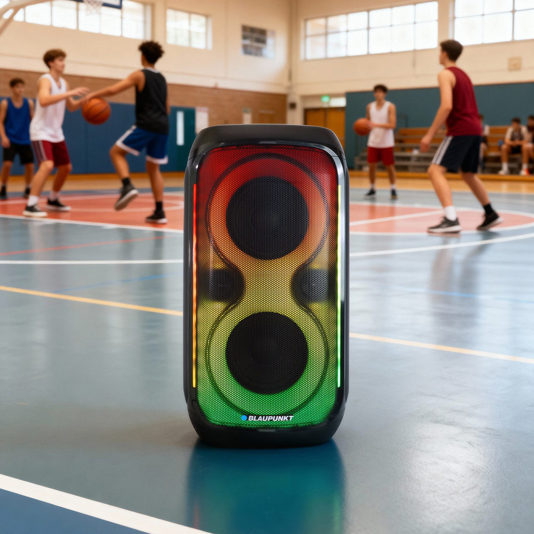 Blaupunkt Party Box-luidspreker, LED-verlichting, Bluetooth, USB en AUX, FM-radio, karaokefunctie, afstandsbediening, acculooptijd tot 18 uur, PB60X
