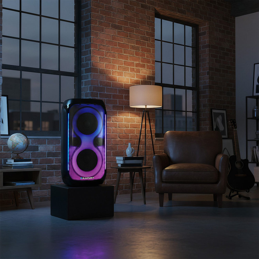 Blaupunkt Party Box-luidspreker, LED-verlichting, Bluetooth, USB en AUX, FM-radio, karaokefunctie, afstandsbediening, acculooptijd tot 18 uur, PB60X