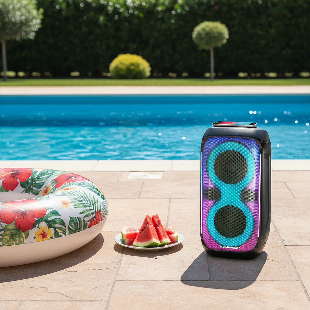 Blaupunkt Party Box-luidspreker, LED-verlichting, Bluetooth, USB en AUX, FM-radio, karaokefunctie, afstandsbediening, acculooptijd tot 18 uur, PB60X
