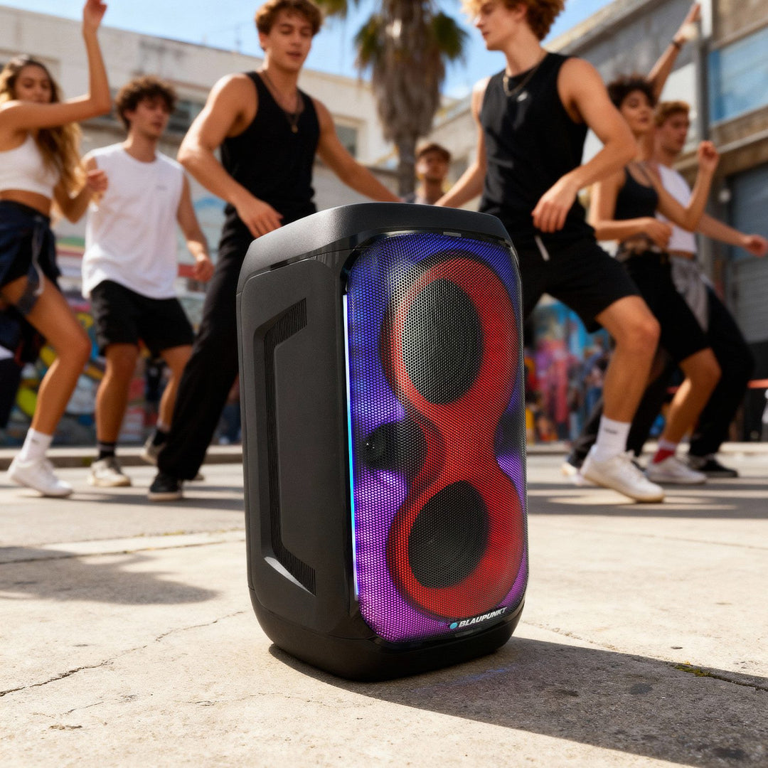 Blaupunkt Party Box-luidspreker, LED-verlichting, Bluetooth, USB en AUX, FM-radio, karaokefunctie, afstandsbediening, acculooptijd tot 18 uur, PB60X
