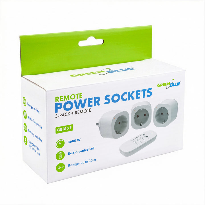 GreenBlue-stopcontacten met afstandsbediening, 3 stuks, programmeerbaar, bereik tot 30 m, 220-240 V AC, 50/60 Hz, 16 A, 433 MHz, GB313 F